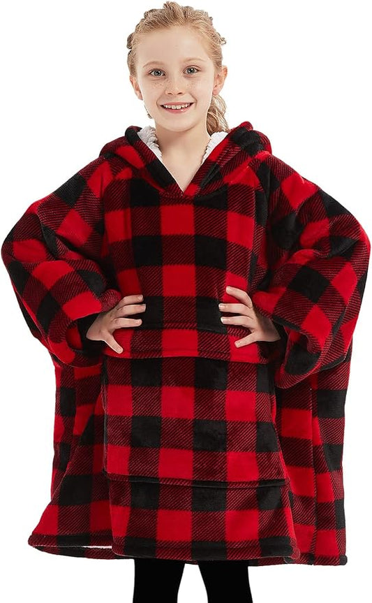 KFUBUO Wearable Blanket Hoodie for Kids Sherpa Patterns Oversized Sweatshirt Blanket With Pocket 6-10 Year Old Girl Boy Red Plaid