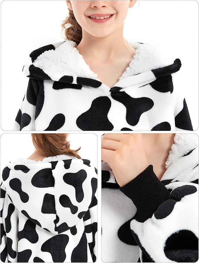 KFUBUO Wearable Blanket Hoodie for Kids Sherpa Patterns Oversized Sweatshirt Blanket With Pocket 6-10 Year Old Girl Boy Birthday Gifts Cow