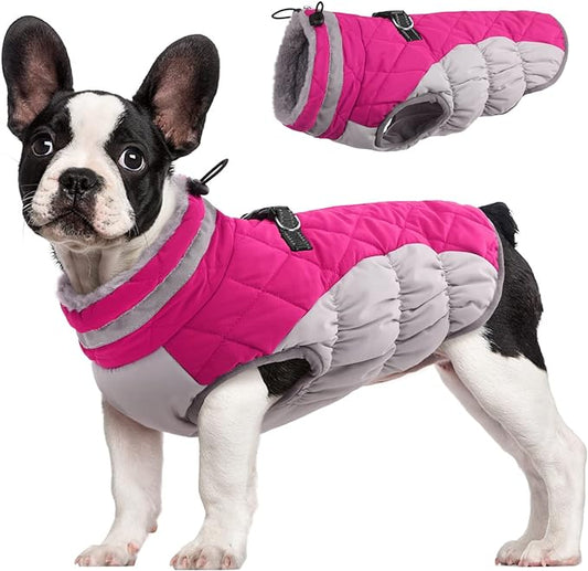 FUAMEY Dog Coat for Small Dogs,Waterproof Dog Winter Jacket with Harness Built in Puppy Cold Weather Coats Reflective Pet Vest with Zipper Warm Fleece Dogs Snowsuit Windproof Pink XS