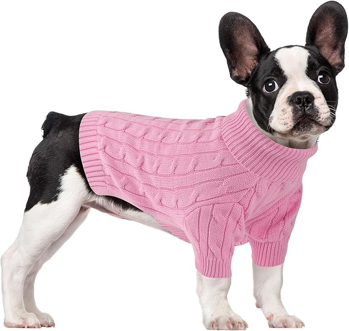 Small Dog Thermal Pullover Sweater, Classic Turtleneck Cable Knitwear Dog Clothes for Cold Weather Warm Pet Clothes for Chihuahua, Bulldog, Dachshund, Pug Pink X-Large