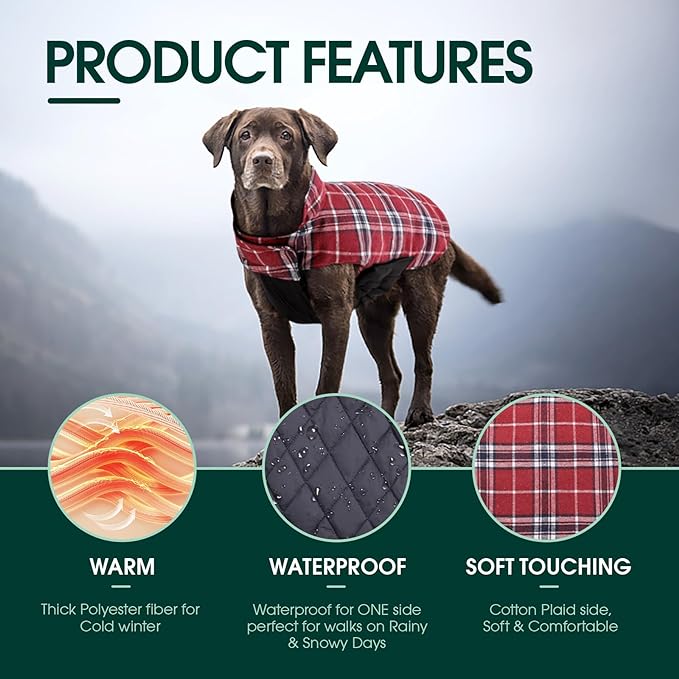 Kuoser Warm Dog Coat, Waterproof Dog Jacket for Extra Large Dogs, Adjustable Durable XXXL Doggie Winter Coat Reversible Puppy Cold Weather Apparel for Large Breed, Red 3XL