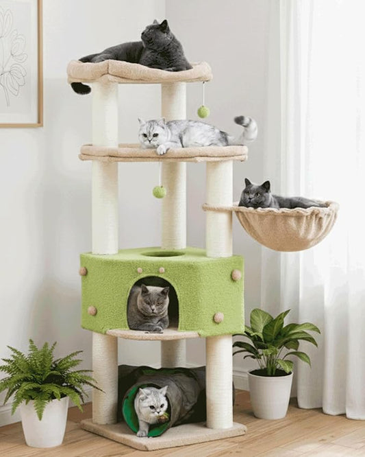 Cat Tree Tower for Indoor Cats Large Adult - Heavy Duty Extra Wide Scratching Post(φ4.4in) Maine Coon Condo House with Hammock Tunnel - 60 Inch XL Feline Bed Trees - Big Multi Level Cat Houses Stand