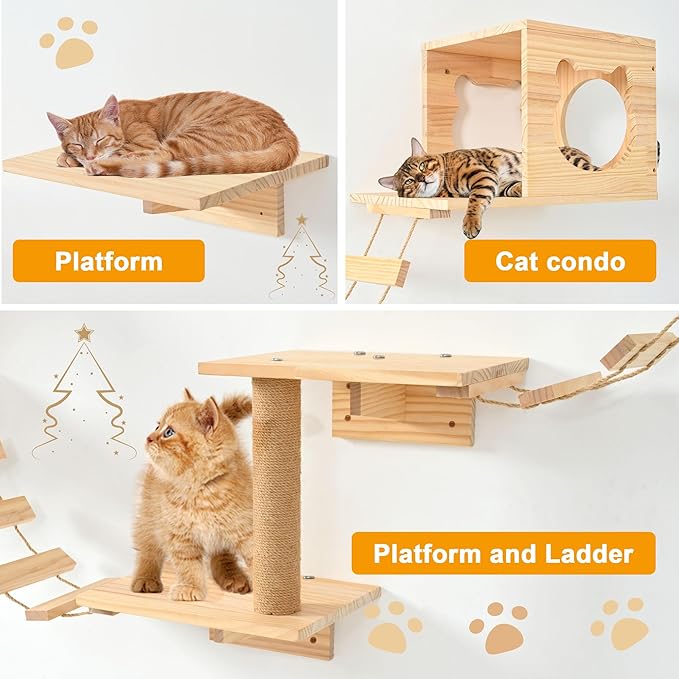 PETKABOO Cat Wall Shleves and Perches, Pine Wooden Cat Wall Furniture Climbing Shelves with Climber, Condo, Scratching Post, Ladder & Platform