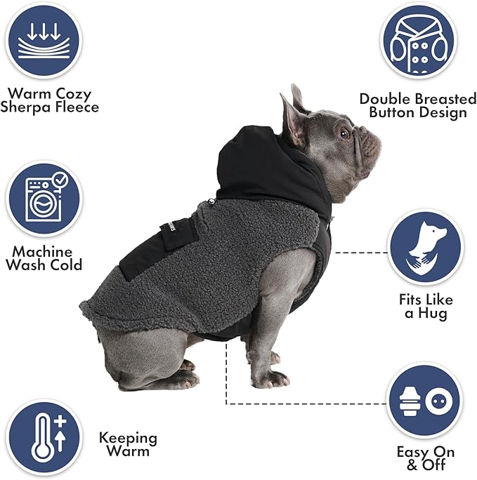 Spark Paws Reversible Dog Sweater, Sherpa Jacket Vest with Warm Fleece Lining, Warm Coat for Winter, Suitable for Small Medium, Large, XL XXL Dogs - Black and Grey - 2XL