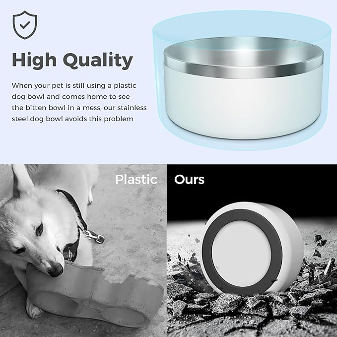 Dog Bowl, Stainless Steel Dog Food and Water Bowl with Non Slip Quiet Bottom, Easy to Clean, Dishwasher Safe, 40oz, White