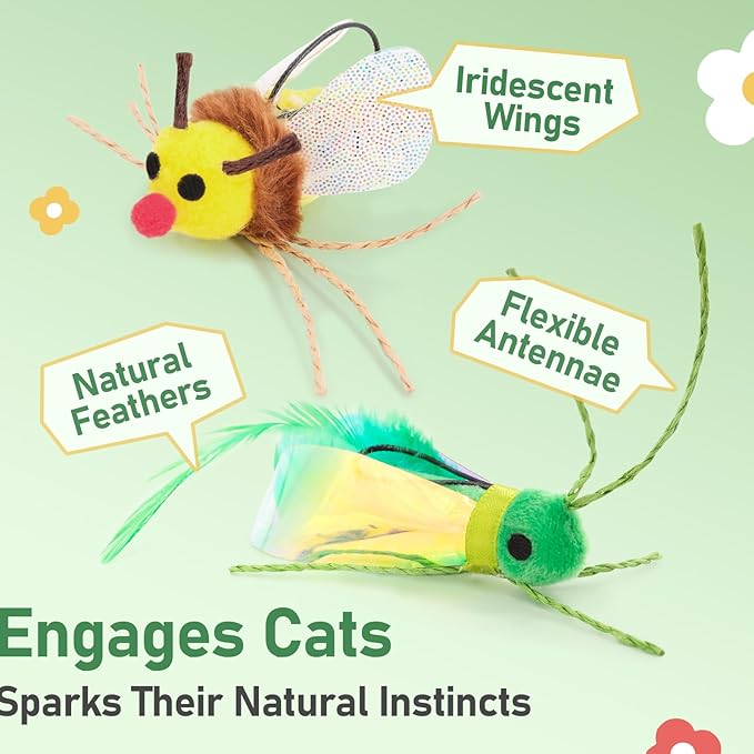 SONGWAY Cat Bug Toy Wand - Cat Teaser Wand Toy with 4 Pcs Cute Insect Feather cat Toy Replacements, Interactive Cat Toys Bug for Indoor Cats Kittens