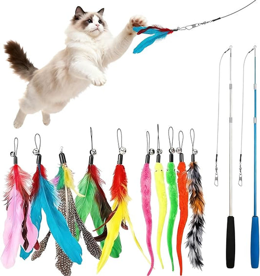 Walfront Interactive Cat Toys for Indoor Cats, 12PCS Kitten Toy Set with 2 Retractable Wands & Feather Teasers, Fun Chase and Exercise Toys to Keep Cats Active and Healthy