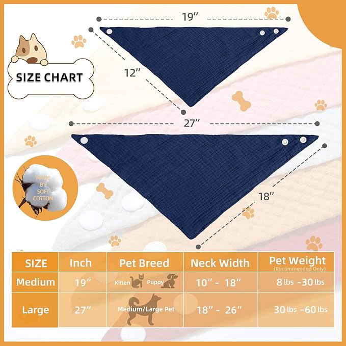 Soft Cotton Pet Scarf with Adjustable Button - Solid Color Dog Bandanas,Navy,Large