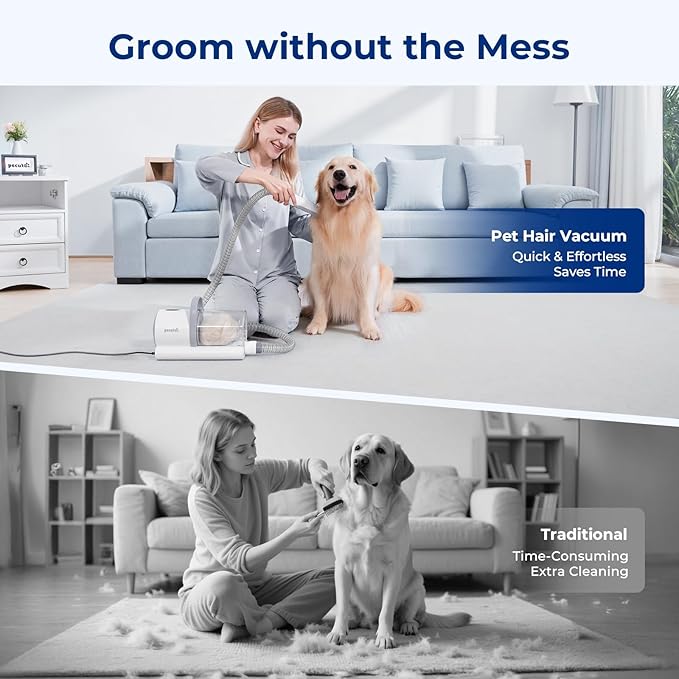Pecute Dog Grooming Vacuum, 4-in-1 Pet Grooming Kit with Clipper, Brush, 12000Pa Dog Vacuum for Shedding with 1.5L Dust Cup, Storage Pocket, Low Noise Pet Vacuum for Dog & Cat, Home Grooming