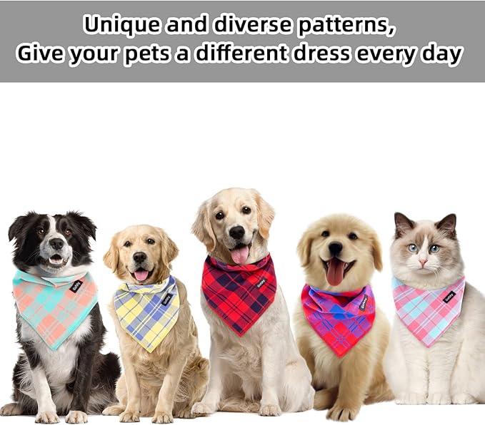 Spring Dog Bandana Small-Dog Scarf Vibrant Color Pink Green Plaid Printing Adjustable Bib Handkerchief Accessories for Small Dogs Cats (S)