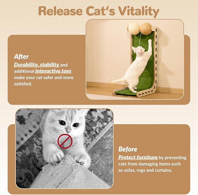 Cat Scratcher Felt Cat Scratch Pad for Cats with Sisal Balls Cat Scratching Board Large Scratchers for Indoor Adult Cat Scratching Furniture Protector Post Toy L Shape 28.4 Inch Green