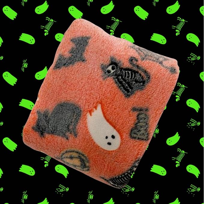 Cute Halloween Blanket for Kids/Teens/Women/Men, Glow in The Dark Throw Blankets Soft Plush Fleece, Spooky Blanket for Boy/Girls/Toddler, Day Care Home Travel Use, 60"*50", Orange