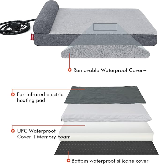 Heated Dog Bed,Heating pad Orthopedic Dog Bed with Memory Foam, Heated Pet Bed & Removable Waterproof Cover for Medium, Large, Jumbo Dogs/L