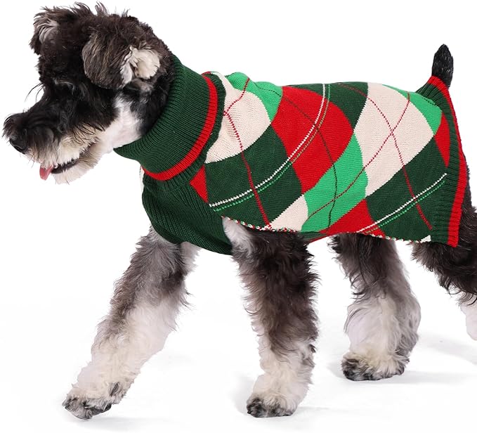 KOOLTAIL Dog Christmas Sweater Pet Knitted Clothes - Classic Plaid Pull Over Turtleneck Dog Sweaters with Leash Hole Warm Dogs Winter Clothing for Small Medium Dogs Cats Puppy Boy Girl Red & Green SM