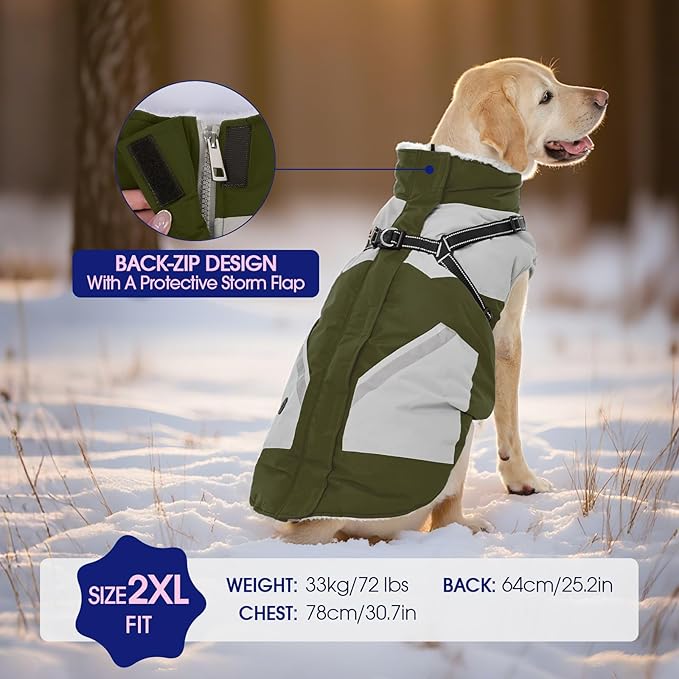 FUAMEY Dog Winter Jackets for Small Dogs,Dog Coat with Harness Built in,Waterproof Dogs Snowsuits Warm Pet Jacket Zip Up Fleece Cold Weather Coats Reflective Puppy Vest with Pocket Green S