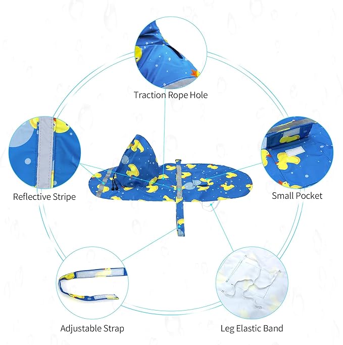 NACOCO Large Dog Raincoat Adjustable-Pet Rubber Ducks Yellow Water Proof Clothes Lightweight Rain Jacket Poncho Hoodies with Strip Reflective Blue (Blue M, Yellow Duck)