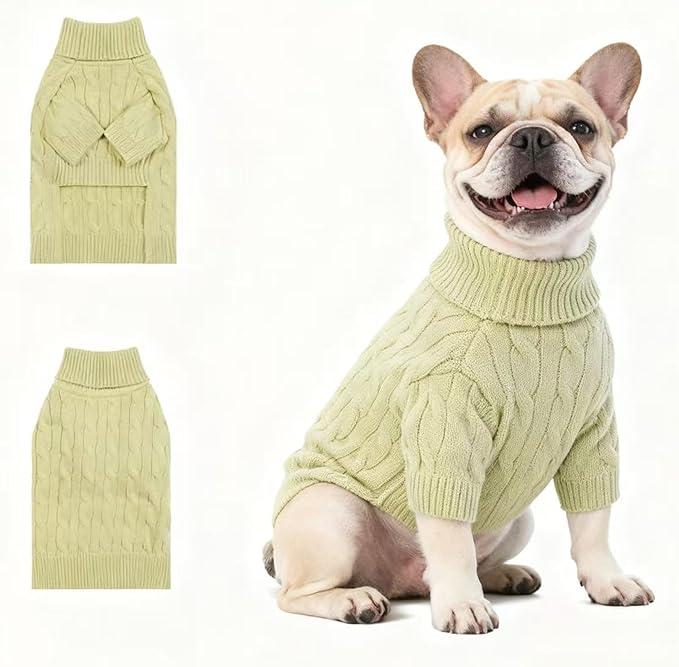 Medium/Large Dog Sweater, Warm Dog Winter Coat w/Sleeves, Comfortable High Neck Premium Dog Clothes for Bulldog-Best for Holidays, Daily Walks L Light Green