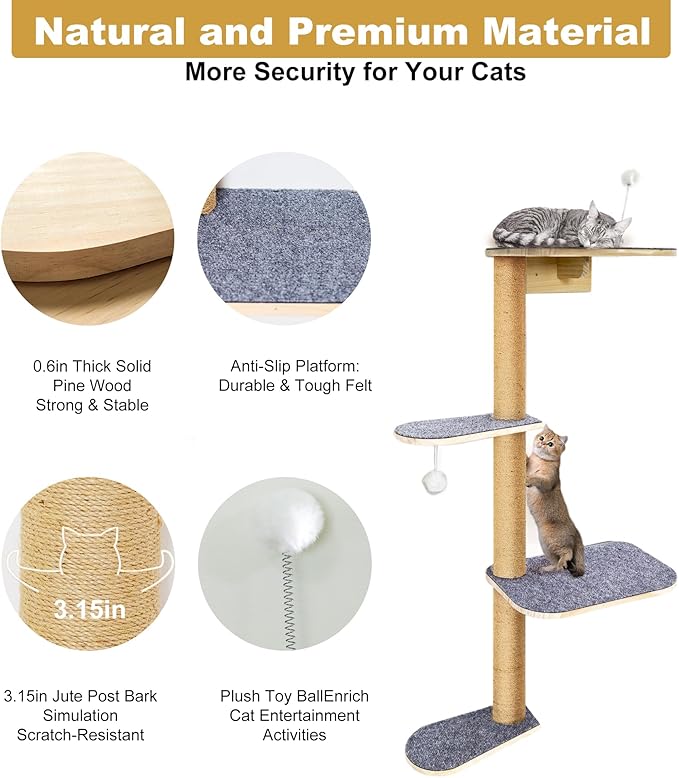 Wall Mounted Cat Tree for Kittens & Small Cats, 4-Tier Cat Wall Climber with Adjustable Grey Felt Platforms, Cat Shelves & Furniture, 49” Tall for Under 30lbs