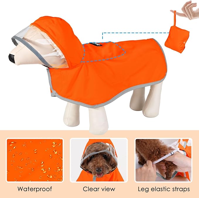 SlowTon Dog Raincoat, Adjustable Dog Rain Jacket Clear Hooded Double Layer, Waterproof Poncho with Reflective Strip Straps and Storage Pocket for Small Medium Large Dogs Puppies(OR L)