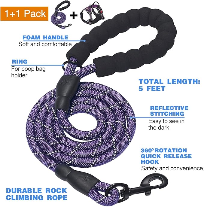 No Pull Harness with A Free Heavy Duty 5ft Leash for Medium Large Dog Adjustable Reflective Oxford Easy Control (L (Neck: 18"-25.5", Chest: 25.5"-31"), Purple Harness+Leash)