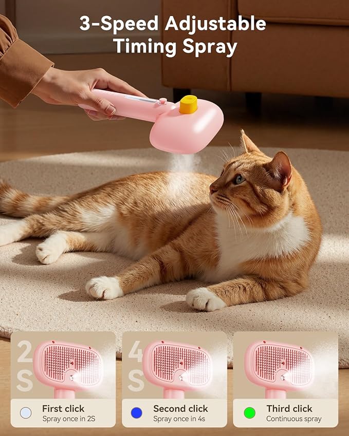 ROJECO 3-in-1 Pet Steam Brush for Cats&Dogs - Detangling Comb with Adjustable Mist, Handheld Deshedding Grooming Tool for Long/Short Hair, Massage Brush & Shedding Control Gift,Cordless,Pink