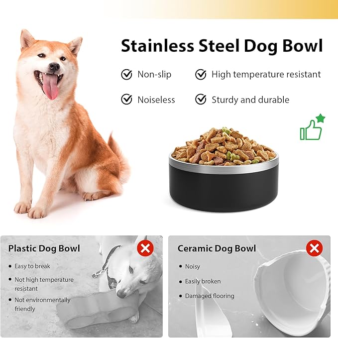 Stainless Steel Dog Bowls, Metal Dog Bowls, Water Bowl for Dogs, Dog Food Bowls, Pet Bowls for Dogs, Dog Dish for Large Dogs, Insulated Dog Bowl, Non Slip Dog Bowl, Easy to Clean, 40oz,Black