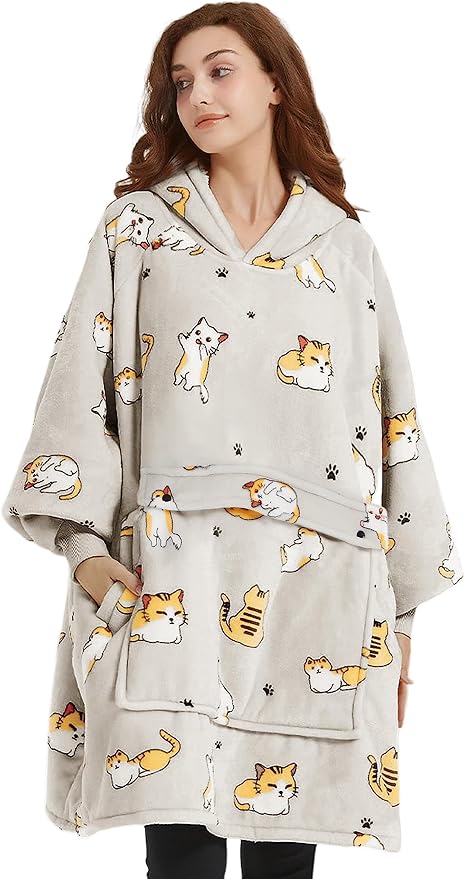 KFUBUO Wearable Blanket Hoodie for Adults Sherpa All Patterns Cat Oversized Sweatshirt Blanket with Pockets for Women
