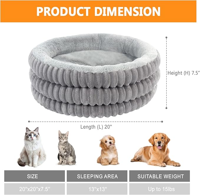Cat Bed, 20’’ Round Donut Fluffy Cat Beds for Indoor Cats and Small Dogs, Washable Deep Sleep Calming Pet Bed Kitten Bed