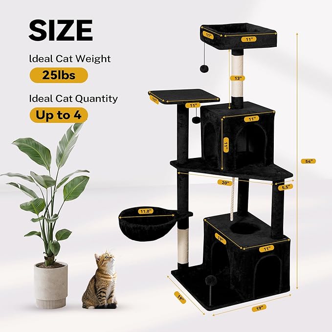 Cat Tree 54-Inch Cat Tower with Padded Plush Perch 2 Comfy Caves, Scratching Posts, Basket, 2 Pompoms, Multi-Level Plush Cat Condo for Indoor Cats Kittens, Black