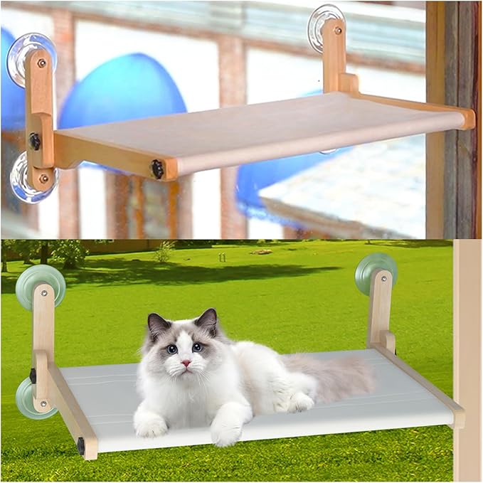Foldable Cat Window Bed, Solidwood Cat Window Perch with Suction Cups, Heavy Duty Cordless Hammock Seat for Indoor Cats (Large Size)
