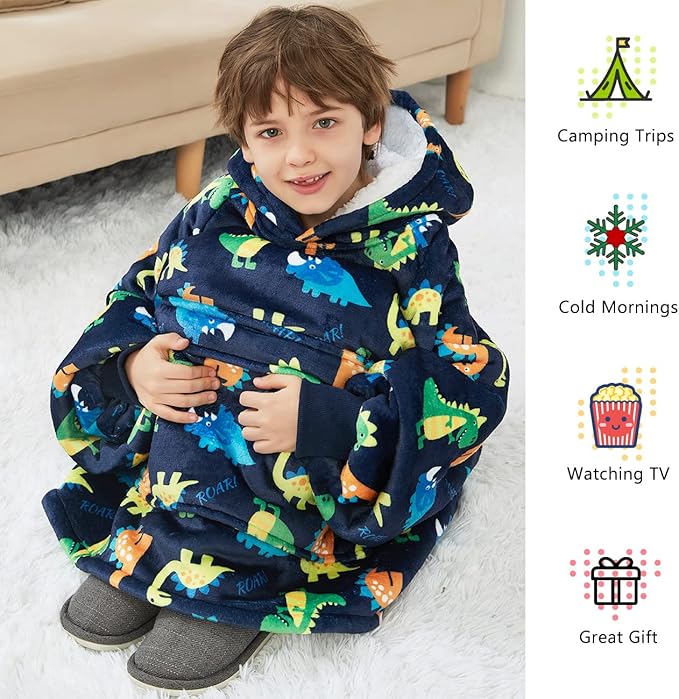 KFUBUO Dinosaur Wearable Blanket Hoodie for Kids Sherpa Patterns Oversized Sweatshirt Blanket with Pocket 6-10 Year Old Boys&Girls Birthday Gifts