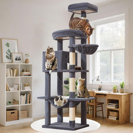 Taoqimiao MS042G Cat Tree,66-inch Large Cat Tower with Scratching Posts, Luxurious Large Platform for Big Cats with Soft Hammock, Adjustable Basket, Deluxe Cat Cando, Top Perch Smoke Gray