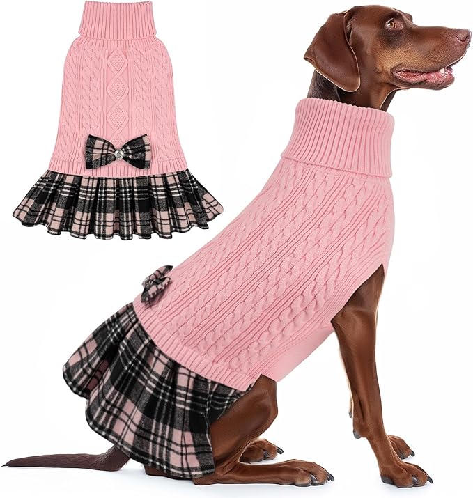 KYEESE Dog Sweater Pullover Dog Sweaters for Large Dogs Soft Turtleneck Pet Sweater Dress with Bowtie Thick Dogs Clothes Warm Comfy Pet Coats, Pink, XXX-Large