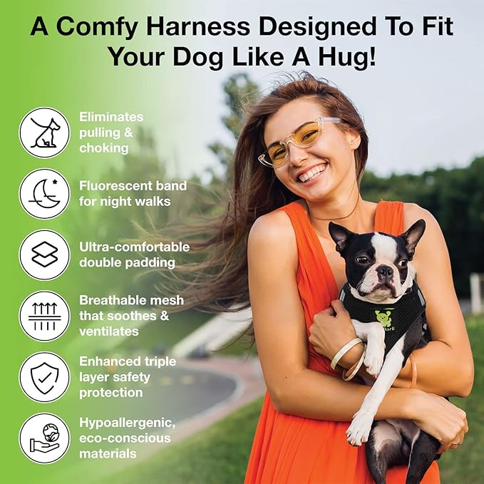 EcoBark Step in Dog Harness - Eco-Friendly Small Breed Harnesses for Small and Medium Dogs - Reflective and Adjustable Mini Body Halter Vest -Tiny Soft Mesh Toy Breed Harness (Black, Large)