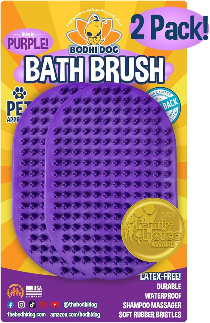 Bodhi Dog Shampoo Brush - Pet Grooming & Bath Supplies for Dogs and Cats - Bath Brush for Long & Short Hair - Premium Scrubber for Shower, Bathing & Massage (Two Pack, Purple)