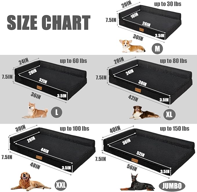 Patas Lague Orthopedic Jumbo Dog Bed for Extra Large Dogs 56''X40'', Waterproof L Bolster Pet Sofa Beds with Removable Washable Cover, Soft Comfortable Pet Couch Crate Mat with Nonskid Bottom, Black