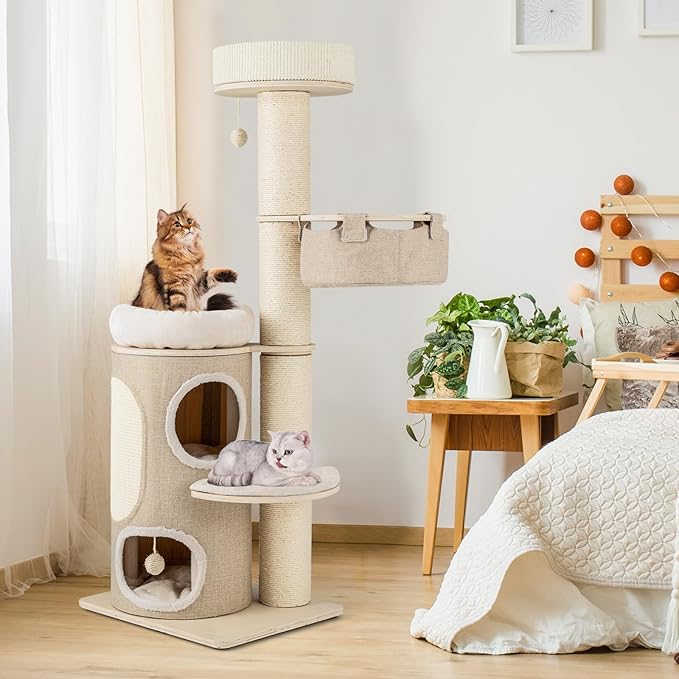 PETSITE 61 inch Cat Tree Tower, Multi-Level Wooden Cat Tower with Sisal Scratching Posts & Board, 2-Tier Condo, 2 Perches, Side Basket, and Interactive Sisal Ball