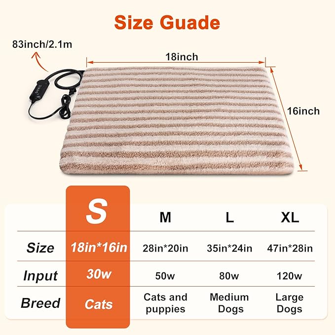 Pet Heating Pad, Waterproof Heated Cat Bed with 11 Adjustable Temperatures & 24H Timer, Auto Shut-Off, Chew-Resistant Cord, Washable Cover, Indoor Electric Heating Mat, Beige, S(18" x 16")