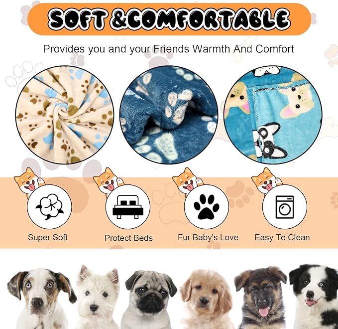 Rezutan Dog Blanket for Medium Dogs, 1 Pack 3 Premium Soft Cat Puppy Blankets, 30x20 inch, Flannel Cute Paw Print for Small Kitten Kennel Crate Bed, Blue/Beige/Navy Blue