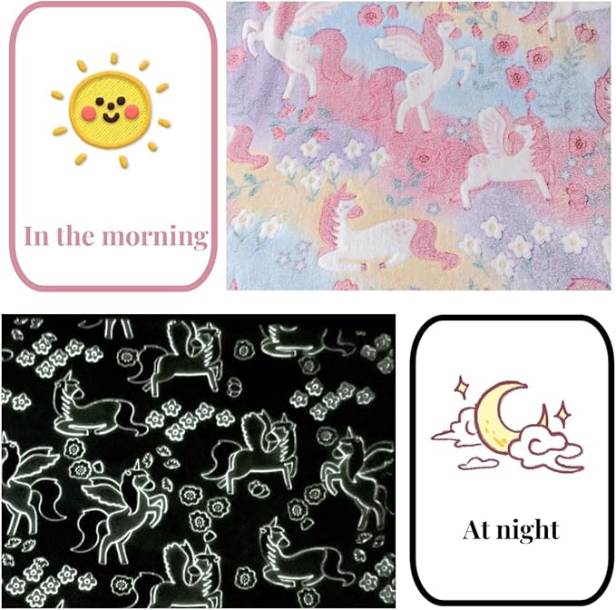 Best Unicorns Gifts Halloween Glow in The Dark Blanket for Boys & Girls, Cozy Soft Fluffy Unicorn Flower Girls Throw Blanket, Kids Blanket with Storage Bag, 60x50, Red