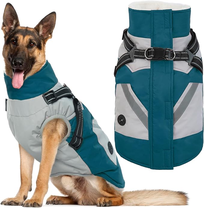 IECOii Dog Winter Coat with Harness Built in, Waterproof Windproof Dog Coats for Large Dogs, Thermal Fleece Cold Weather Jackets with Zip, Outdoor Warm Snow Jacket Reflective, Turquoise Green, XXXL