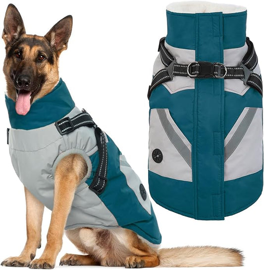 IECOii Dog Winter Coat with Harness Built in, Waterproof Windproof Dog Coats for Large Dogs, Thermal Fleece Cold Weather Jackets with Zip, Outdoor Warm Snow Jacket Reflective, Turquoise Green, XXXL