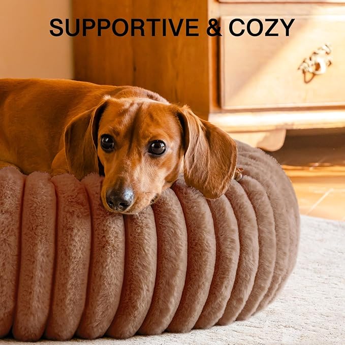 MEWOOFUN Donut Dog Beds for Small Dog, Calming Bed Round Cute Puppy Bed with Non-Slip Bottom, Fluffy Washable Pet Bed for Puppy and Kitten (Dark Brown, S (25x25x7))