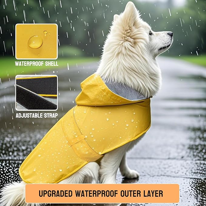 Dog Raincoat Dog Rain Jacket Poncho Waterproof Pet Rain Suit Double Layer Breathable Lining Hooded Leash Hole Adjustable Puppy Small Medium Dogs,Yellow,L
