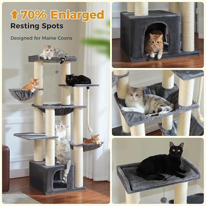 Heavy Duty Cat Tree for Maine Coon – 67" Tall Cat Tower with 13 Thick (φ4.3) Scratching Posts, XXL Cat Condo with Super Large Perch & Cozy Hammocks, Engineered for Big Cats (20+ lbs) - Gray