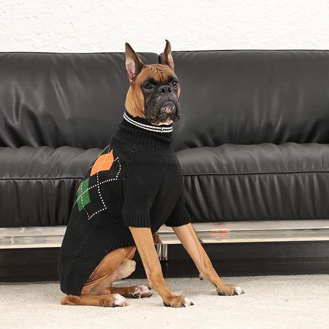 Boy Dog Sweater, Dog Sweaters for Large Dogs Boy, Winter Warm Pullover, Turtleneck Knit Dog Christmas Sweater with Sleeves, Soft Stretchy Knitwear for Cold Weather, Holidays - Black L