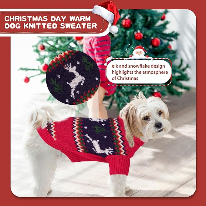 Queenmore Christmas Dog Sweater,Knitted Pullover Christmas Clothes,Turtleneck Dog Xmars Outfit, Warm Pet Sweaters for Small Dogs Boys or Girls M