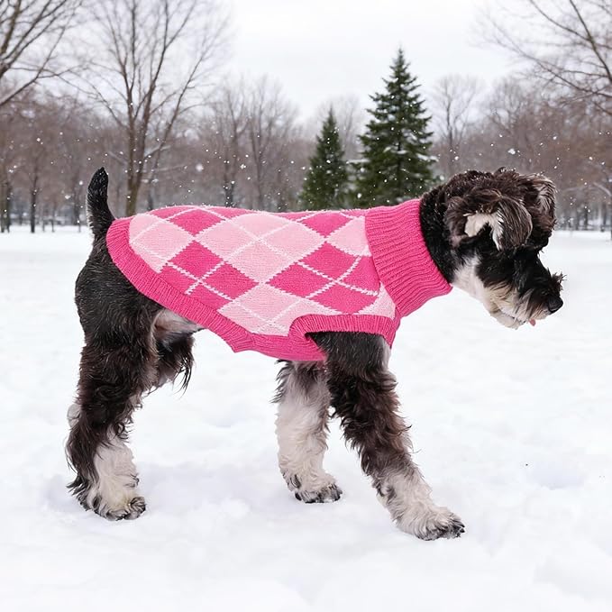 KOOLTAIL Dog Sweater, Knit Turtleneck Cold Weather Dog Sweaters for Small Medium Large Dogs, Soft Diamond Plaid Pullover Knitwear Pet Winter Warm Clothes,Pet Coat Puppy Sweater for Girls Boys,Pink L