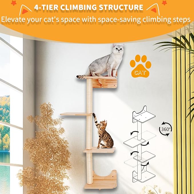 Cat Shelves for Wall, Climbing Shelves Wall-Mounted Furniture Set, Shelf with 1 House, 1 Bridge Ladder, 3 Scratching Posts and 5 Steps