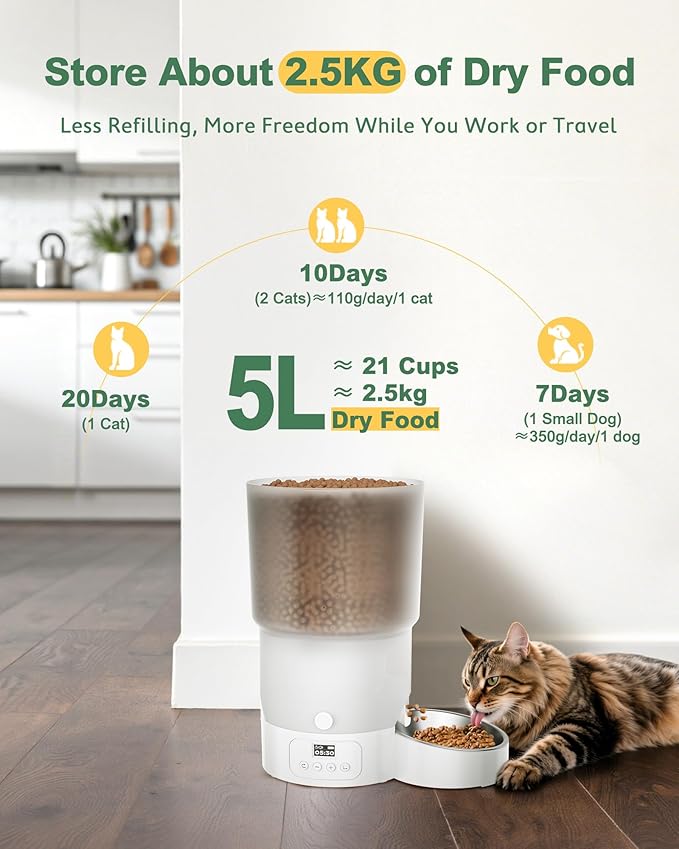 Gimars 5L/20 Cups Automatic Cat Feeder, Programmable 1-6 Meals Cat Food Dispenser with Stainless Steel Bowl, Easy Setup, Dual Power Supply,10s Meal Call Timed Pet Feeder for Cats and Small Dogs